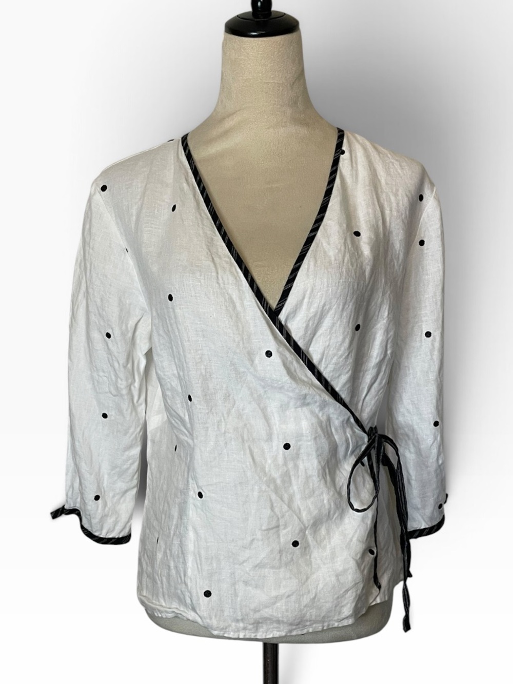 Richard Malcolm Vintage 100% Irish Linen Polka Dot Wrap Blouse Top White Black M